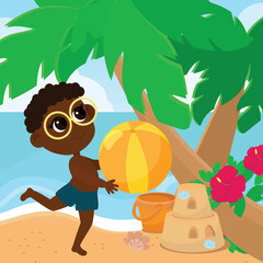 The boy runs with the ball on the seashore. Seashore near palm trees, blooming hibiscus and sand castle in cartoon style. The child is wearing a shorts.