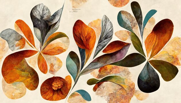 Image of beige background with autumn floral pattern created using Generative AI technology