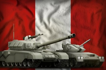 Peru tank forces concept on the national flag background. 3d Illustration