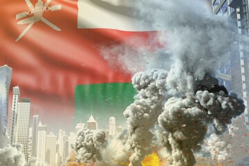 large smoke column with fire in the modern city - concept of industrial accident or terroristic act on Oman flag background, industrial 3D illustration