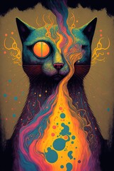 Psychedelic cosmic guru cat with infinite wisdom of the universes, hypnotic eyes captivates you, mysterious spirit essence surrounds - generative AI illustration.