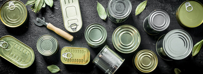 Set of different kinds of tin cans with canned food.
