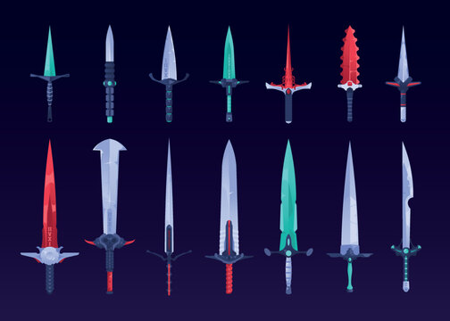 Game swords. Fantasy daggers battle broadsword for 3d gaming assets, magic steel blades characteristics for playing actions. Vector isolated set