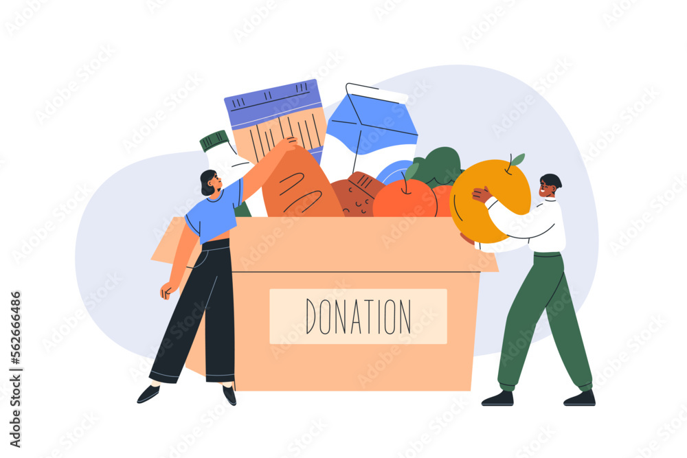 Wall mural Food donation concept. Volunteers donating charity box, grocery products. Humanitarian help, charitable voluntary aid for hungry people. Flat vector illustration isolated on white background - Wall murals