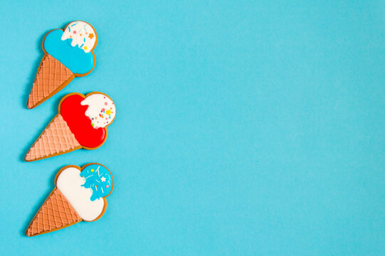 gingerbread in the form of ice cream on a blue background. High quality photo