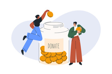 Financial donation, charity concept. Donating finance, money to voluntary nonprofit fund. Charitable help, support, contribution, philanthropy. Flat vector illustration isolated on white background - obrazy, fototapety, plakaty