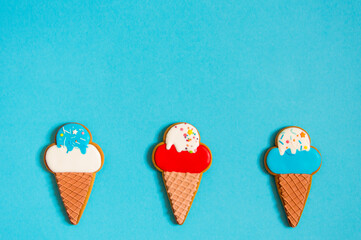gingerbread in the form of ice cream on a blue background. High quality photo