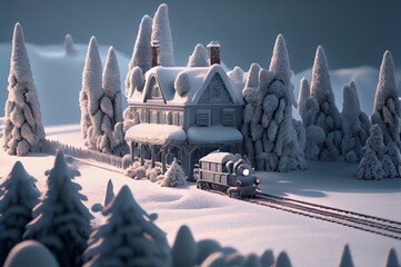 winter wonderland with train and building made with generative ai, travel, snow