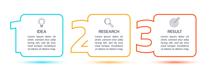 3 step chart design. Three options process diagram with outline icons. Timeline info graphic. Modern layout, business presentation template. Vector illustration.