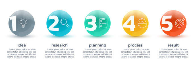 5 steps, options infographic with business icons and five numbers. Timeline info graphic design with 3d balls. Modern presentation layout, flow chart. Process diagram, sequence concept. Vector illustr
