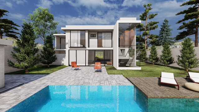 Modern house with pool and patio for relaxation, exterior, 3D illustration.