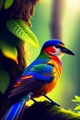Fabulous bird on a branch in the forest, created with Generative AI technology