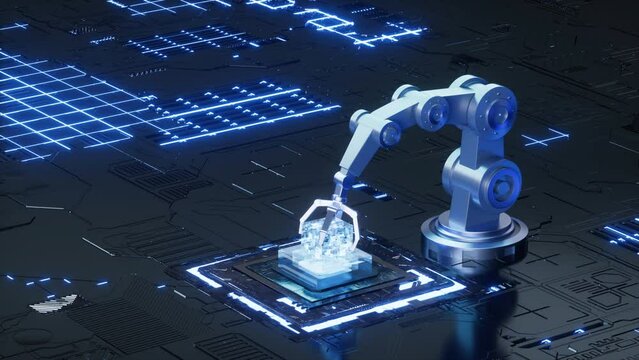 Mechanical arm and circuit chip  sci-tech video, 3d rendering.