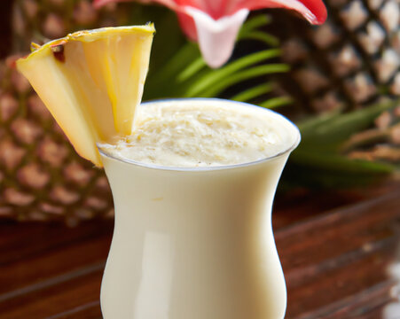 Close up of pina colada drink over pineapples created using generative ai technology