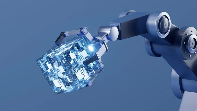 Circuit chip is grabbed by a Mechanical arm, 3d rendering.