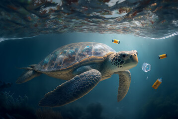 Obraz premium Turtle with a plastic bag. Ocean plastic pollution concept. Generative AI