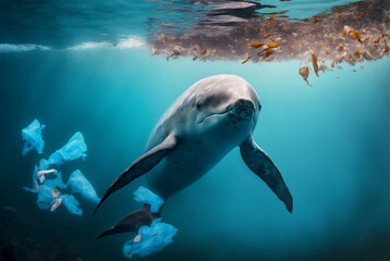 Obraz premium Dolphin with a plastic bag. Ocean plastic pollution concept. Generative AI