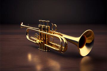 Plakat Trumpet on black background, brass wind musical instrument, isolated, generative ai