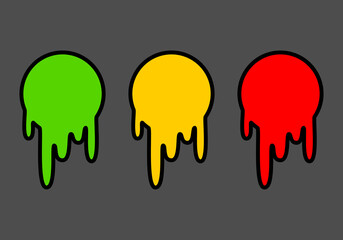 Circle melting driping traffic light signal pole rules street with red yellow and green light street road on gray background sticker flat icon vector design.