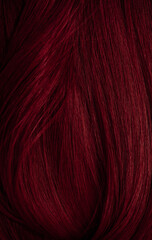 Dark red hair close-up as a background. Women's long brown hair. Beautifully styled wavy shiny curls. Coloring hair with bright shades. Hairdressing procedures, extension.