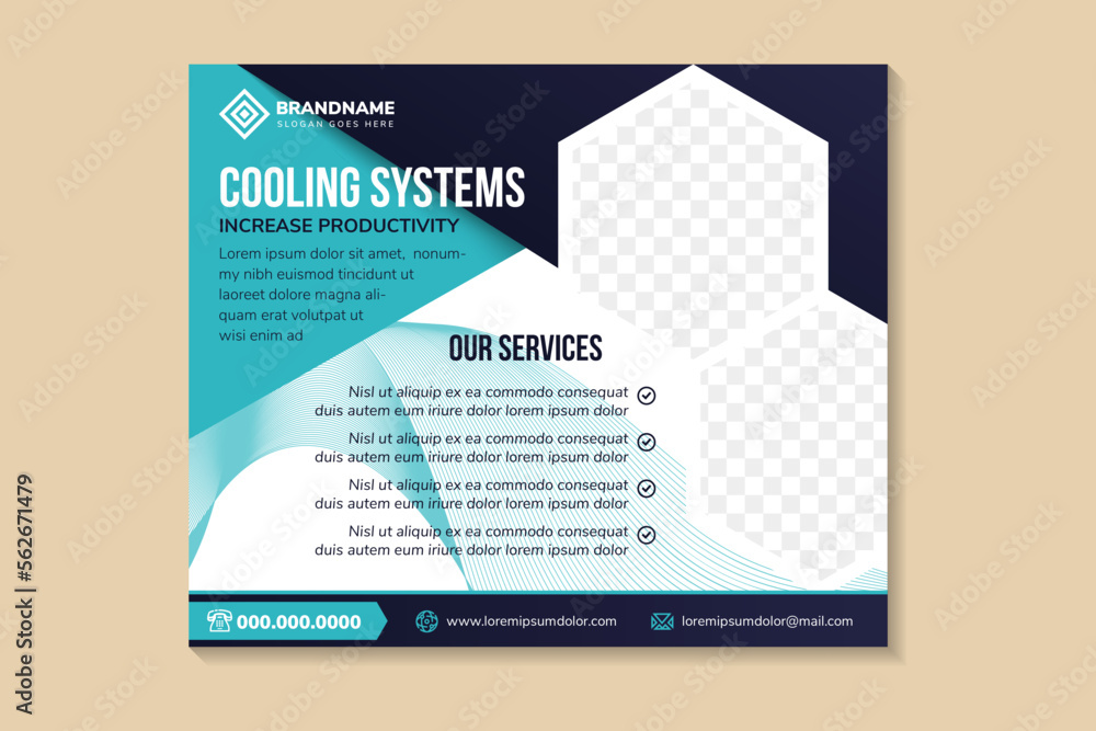 Poster brochure template design with headline is cooling systems technology. space of photo collage and tex