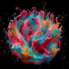 Vibrant splashes of colorful red blue orange acrylic paint in an abstract design, isolated on a black background. High resolution Generative AI.
