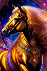 Golden stallion with  fractal gems and luxury ornate, created with Generative AI technology