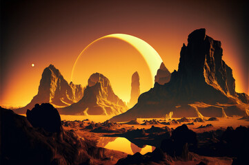 sunset on alien planet, planets and moons in colorful light, fantasy space. Created with Generative AI technology.