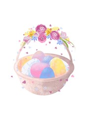 Basket with Easter eggs, pink, yellow, blue, white, with a bouquet of pink flowers, mimosas and tulips and hearts digital drawing.