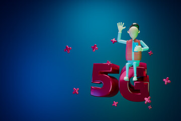 3d render. A character with a phone sits on 5G volumetric letters in a virtual space