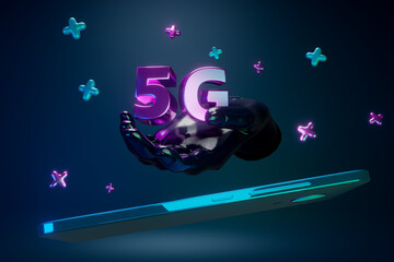 3d render. Cyberspace. Hand holding 5G letters. bottom phone
