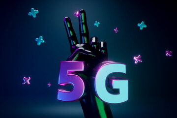 3d render. Cyberspace. Hand two fingers to the top of the 5G letters. New generation high speed internet
