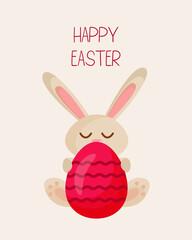 Cute easter bunny and egg. Happy Easter greeting card. Cute Easter bunny is holding Easter egg