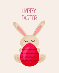 Cute easter bunny and egg. Happy Easter greeting card. Cute Easter bunny is holding Easter egg