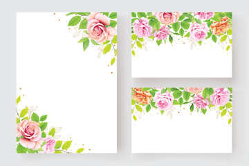 Fototapeta na wymiar beautiful floral roses and leaves wedding invitation card set