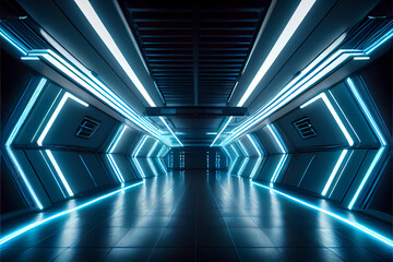 Sci Fi Futuristic Spaceship Warehouse Alien Tunnel Cyber Blue Neon Glowing Lights 3D Rendering