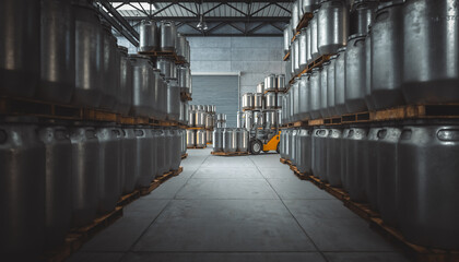 warehouse full of metal barrels and forklift in the background.