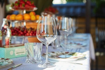 Crystal glasses for celebration, decorated for the holiday. Table setting.