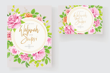 beautiful floral roses and leaves wedding invitation card set