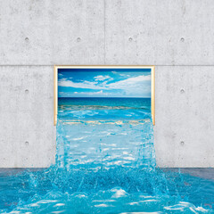 gold framed painting with the sea coming out and the floor in the air.