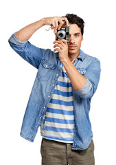 A handsome young man taking a picture of you Isolated on a PNG background.