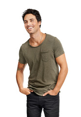 A handsome young man with his hands in his pockets Isolated on a PNG background.
