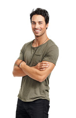 A handsome young man standing with arms crossed Isolated on a PNG background.