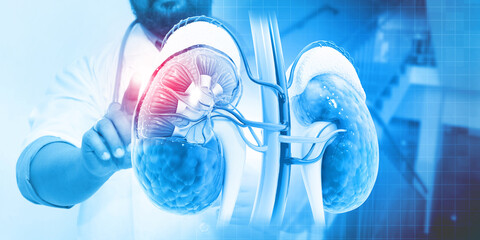Doctor check and diagnose the human kidneys on blurred medical background. 3d illustration