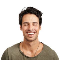 A handsome young man smiling with his eyes closed Isolated on a PNG background.