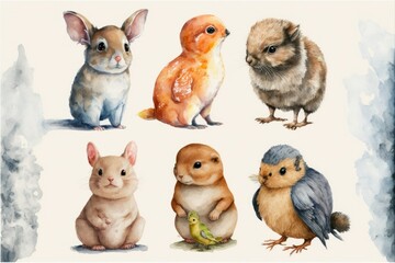 Obraz premium group of animals, watercolor illustration, ai generated
