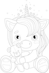 Cute cartoon unicorn creature with teddy bear toy sketch template. Children graphic vector illustration in black and white for games, background, pattern. Coloring paper, page, story book, print
