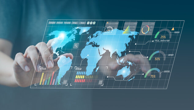 Futuristic data virtual screen and hologram world map. Business finance data analytics report, investment data digital GDP marketing KPI sale report, financial management technology analysis dashboard - Powered by Adobe