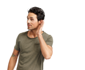 A handsome young man cupping his hand behind his ear to hear better Isolated on a PNG background.