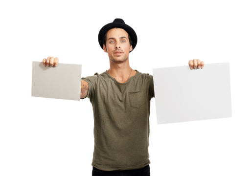 A handsome young man holding up two placards Isolated on a PNG background. - Powered by Adobe